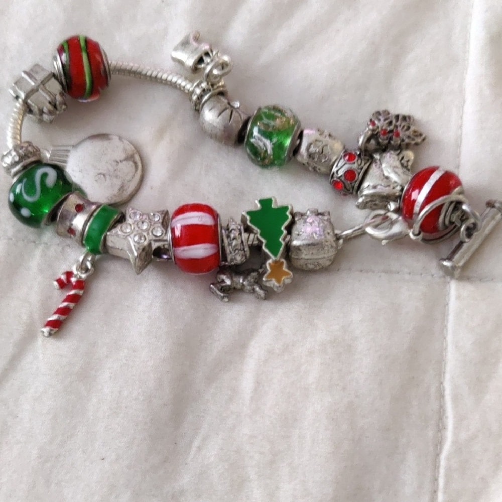 Holiday Charm Bracelet with Red and Green Beads